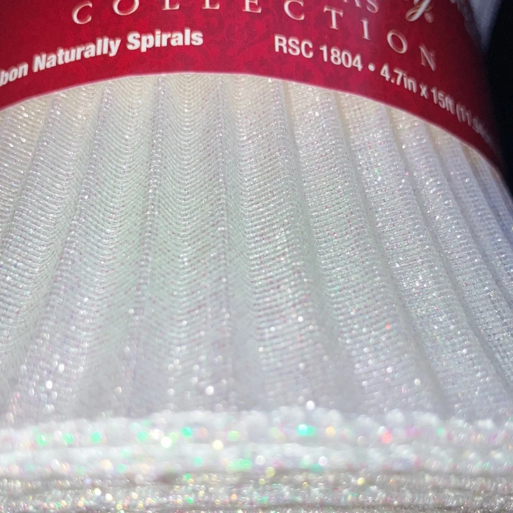 White Iridescent Sparkle Spiral Ribbon Set‎ 5 Rolls 4.7” wide 15’ long each